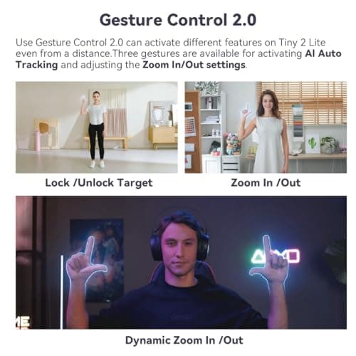 OBSBOT Tiny 2 Lite AI-Powered 4K UHD PTZ Webcam,1/2" CMOS 4X Digital Zoom AI Auto Tracking with Auto Zoom Gesture Control 2.0, LiveStream for Game/Meeting/Online Educate, W Mini Tripod