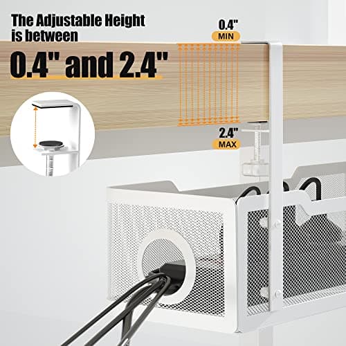 Under Desk Cable Management Tray White, Cinati Wire Organizers No Drill, Cable Tray with Clamp for Wire Management, Cord Organization Box for Office, Home - No Damage to Desk