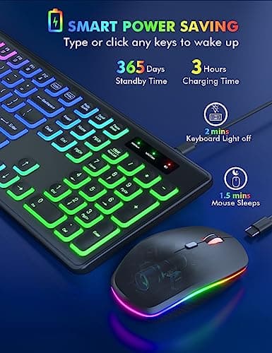 Wireless Keyboard and Mouse Combo - RGB Backlit, Rechargeable & Light Up Letters, Full-Size, Ergonomic Tilt Angle, Sleep Mode, 2.4GHz Quiet Keyboard Mouse for Mac, Windows, Laptop, PC