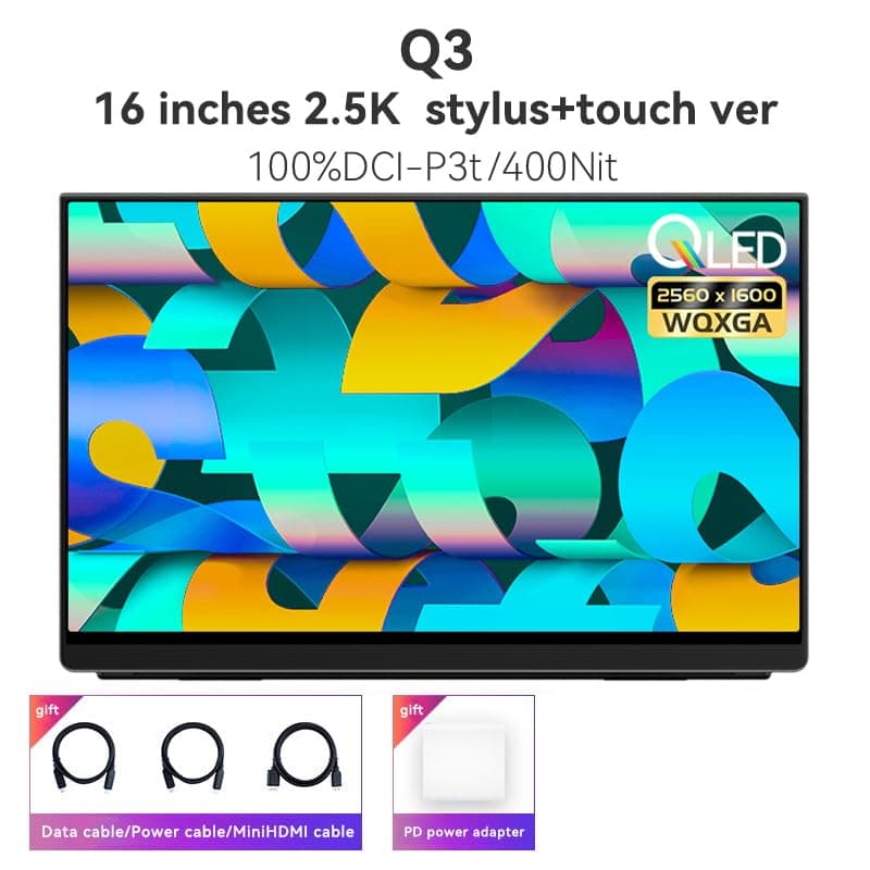 Q3 Touchscreen with Stylus, 16" 16:10, 2.5K IPS, 400 Nit Brightness, 2560x1600 Resolution Screen, Portable Monitor Display, for Gaming, Office, and Digital Art.