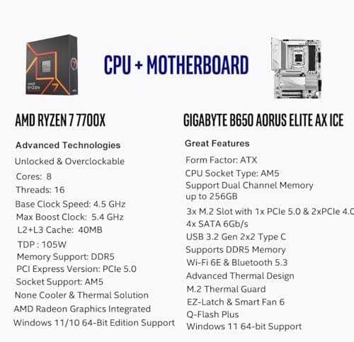 Micro Center AMD Ryzen 7 7700X CPU Processor with GIGABYTE B650 AORUS Elite AX ICE Motherboard (AM5, ATX, DDR5, Triple M.2, USB 3.2 Gen2X2 Type-C, WiFi 6E)