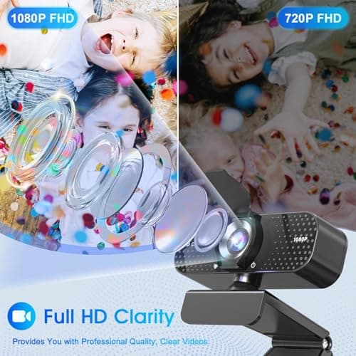 1080P HD Webcam with Microphone, Noise Cancellation, Privacy Cover, Wide-Angle Lens, Auto Light Correction, Plug & Play USB Webcam for Laptop, Desktop, PC, Mac, Zoom, Skype, Streaming Black