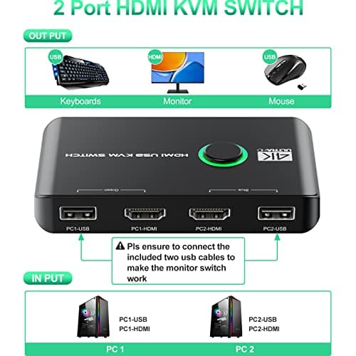 4K KVM Switch HDMI 2 Port Box, USB HDMI KVM Switches for 2 Computers Share Keyboard Mouse Printer and one HD Monitor, Support UHD 4K@60Hz, with 2 USB Cables and 2 HDMI Cables