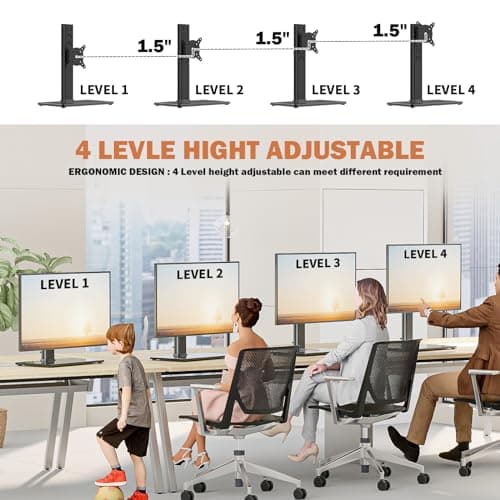 Single LCD Computer Monitor Free-Standing Desk Stand Mount Riser for 13 inch to 32 inch screen with Swivel, Height Adjustable, Rotation, Vesa Base Stand Holds One (1) Screen up to 77Lbs(HT05B-001))