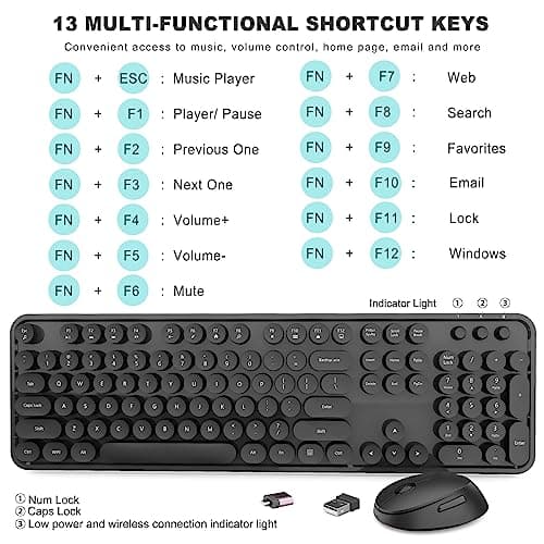 Wireless Keyboard and Mouse Combo, Ergonomic Full Size Typewriter Retro Round Keycaps Keyboard, Compatible with Windows, PC, Perfer for Home and Office Keyboards (Black
