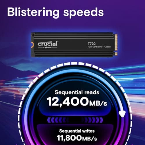Crucial T700 2TB Gen5 NVMe M.2 SSD with Heatsink - Up to 12,400 MB/s - DirectStorage Enabled - CT2000T700SSD5 - Gaming, Photography, Video Editing & Design - Internal Solid State Drive