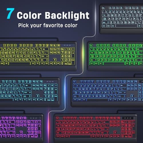 Large Print Keyboard - 7 Interchangeable Backlight Colors, Light Up USB Wired Computer Keyboards, USB Plug-and-Play, Foldable Stands, Corded Full Size Keyboard for Windows, PC, Laptop