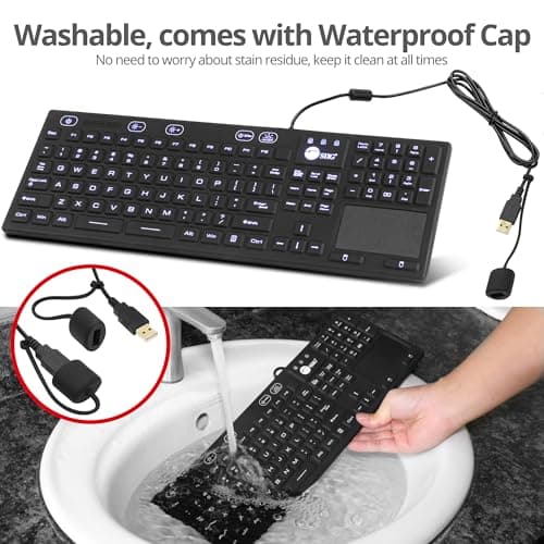 SIIG Wired Silicone Washable USB-A Keyboard with Touchpad, 110-key Layout, Industrial & Medical Grade, Dustproof, IP68 Compliant, 5 Levels Brightness, Silent & Quiet, Windows, Mac (JK-US0W11-S1)