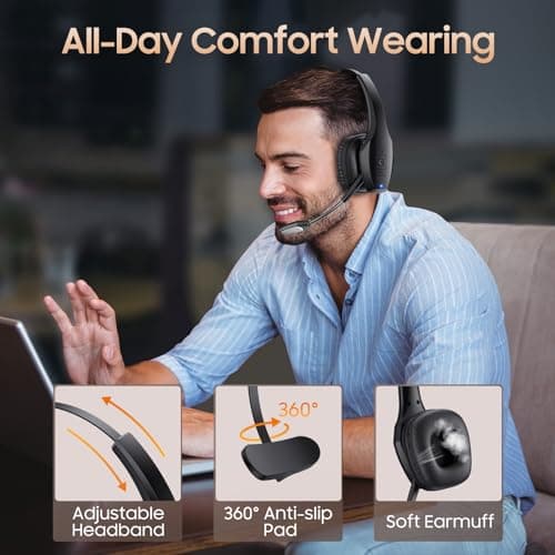 Trucker Bluetooth Headset, Wireless Headset with Mic, Bluetooth Headsets with Dual Noise Cancelling Microphone & Mute Button, 55Hrs Working Time PC Headsets for Cell Phones, Computer, Truck Driver