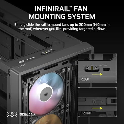 CORSAIR 4000D RS ARGB Frame Modular Mid-Tower ATX PC Case – High Airflow, 3X Pre-Installed RS ARGB Fans, InfiniRail™ Fan Mounting System, ASUS BTF, MSI Project Zero, Gigabyte Project Stealth – Black