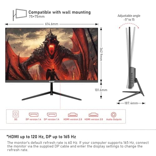 27 inch 2K QHD(2560×1440) PC Screen, 165Hz Gaming Monitor, 1ms Without Bezel, FreeSync,98% sRGB, 178° Wide Viewing Angle, HDMI2.0、DisplayPort, 75 * 75MM Wall Mount Compatible - Black