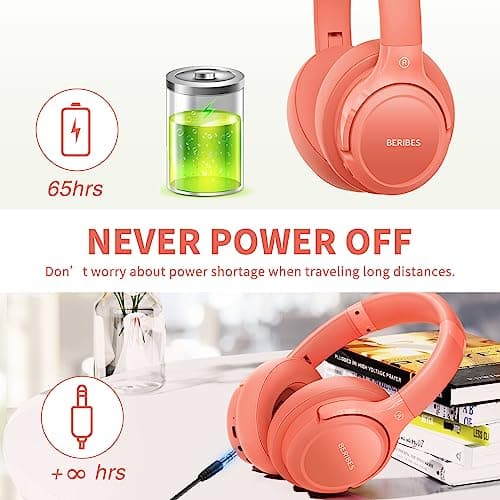 Bluetooth Headphones Over Ear,BERIBES 65H Playtime and 6 EQ Music Modes Wireless with Microphone,HiFi Stereo Foldable Lightweight Headset, Deep Bass for Home Office Outdoors Etc(Orange Red) (202A)