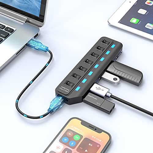 USB Hub 3.0, 7 Port USB Hub Splitter with Individual On/Off LED Switches, 5Gbps HighSpeed Data USB Extension for Laptop, iMac, USB Flash Drives, Mobile HDD, Printer, Camera and More