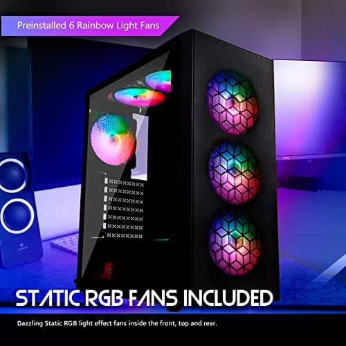 Raidmax X921 Mesh Airflow and Tempered Glass Gaming PC Case with Fans, Pre-Installed 6 Static RGB Color Fans, ATX Mid Tower PC Case, Black, Support ATX, Micro ATX, Water Colling