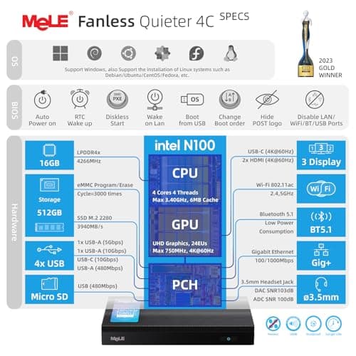 MeLE Mini PC Quieter 4C - 12th Gen N100, Fanless PC, 16GB Memory, 512GB Storage,with Windows 11 Pro, 2.4/5G Wi-Fi, Full-Functional USB-C, 4K Triple Display Desktop