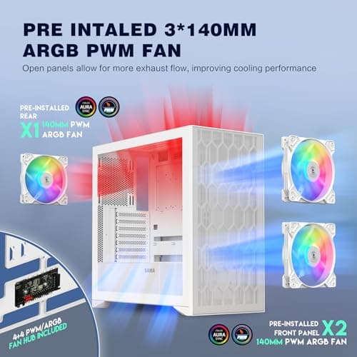 SAMA V Mesh Mid Tower PC Case - High Airflow PC Gaming Case Mesh Front Panel & Tempered Glass Side Panel, 3x140mm ARGB PWM Fans Pre-Installed, Supports ATX/M-ATX/ITX - White