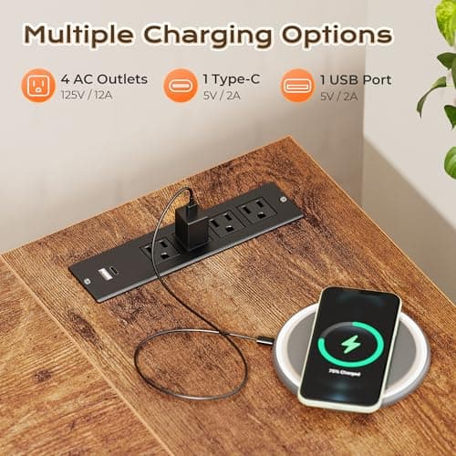 Huuger 63 Inch L Shaped Desk with Power Outlets and USB-C Port, 0.95 Inch Thicker Desktop, Reversible Computer Desk, Larger Office Corner Gaming Desk, Metal Frame, for Home Office, Study, Rustic Brown