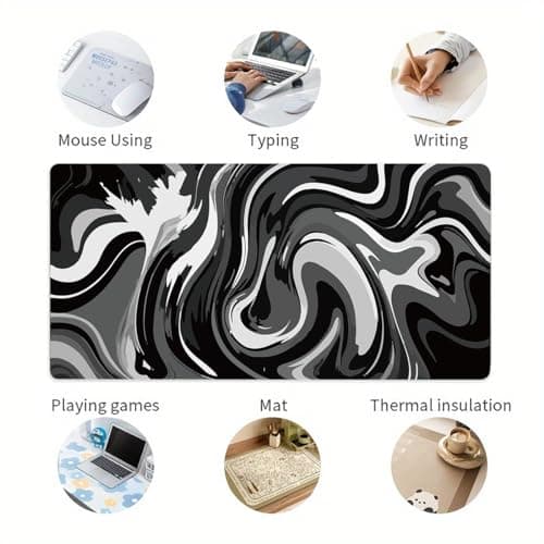 Large Gaming Mouse Pad - Black and White Mouse Pad with Stitched Edges, Extended XL Mousepad with Anti-Slip Rubber Base, Ink Liquid Wave Desk Mat for Keyboard and Mouse(31.5x15.8 inch)