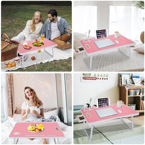 Laptop Bed Table, Laptop Desk for Bed, Foldable Laptop Bed Desk with USB Charge Port, Handle, Desktop Card Slot, Cup Slot, Side Drawer, Portable Laptop Table for Eating Reading Working
