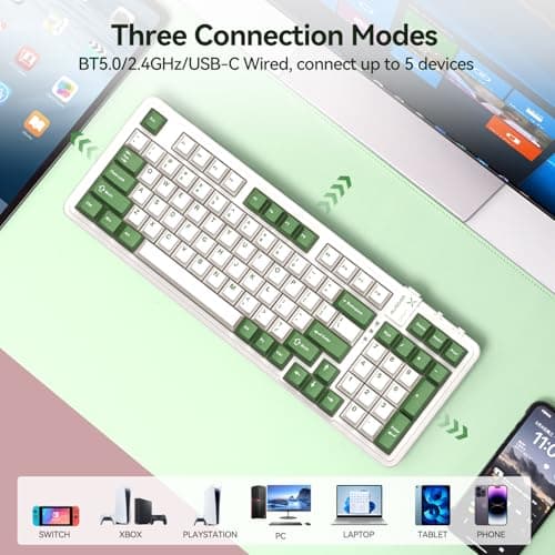 AUSDOM 98Pro Silent Mechanical Keyboard, Wireless Hot Swappable Gaming Keyboard with Backlit,Gasket Structure,Pre-lubed Tactile Switches,2.4GHz/Type-C/Bluetooth Custom Keyboards (Green & White-Silent)