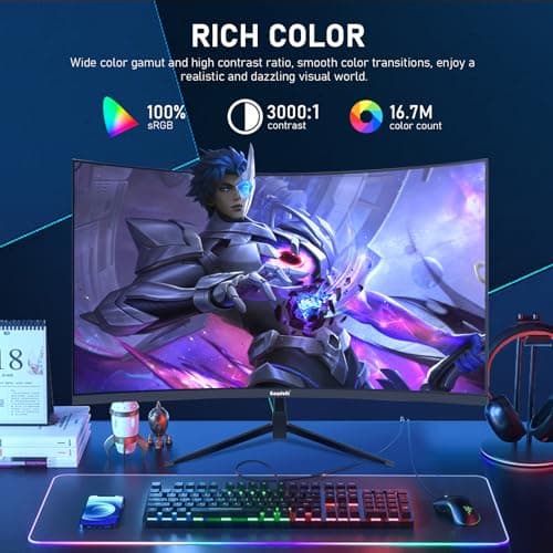 32 inch 2K QHD(2560×1440P) 165Hz Curved Gaming Monitor,PC Screen, 1ms，FreeSync, 98% sRGB，178° Wide Viewing Angle，DisplayPort、HDMI, Wall Mount Compatible 100 * 100MM Wall - Black