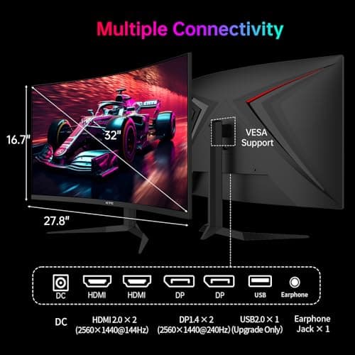 32 Inch 240Hz Curved Gaming Monitor, 2K 1440P Computer PC Monitor with 1000R 1ms Frameless, Adaptive Sync,122% sRGB, HDMI, DisplayPort, Tilt Adjustable, H32S25E