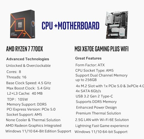 INLAND Micro Center AMD Ryzen 7 7700X CPU Processor with MSI X670E Gaming Plus Motherboard, AM5 Socket, DDR5, PCIe 5.0, WiFi 6E