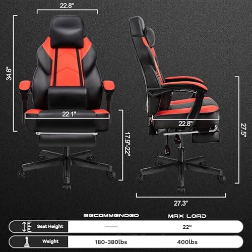 Gaming Chair with Footrest, Video Game Chair for Adults, Big and Tall Computer Chair with Massage Lumbar Support 330lb Weight Capacity, Ergonomic Adjustable Height and 360° Swivel Seat (Red)