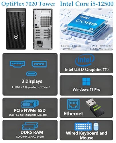Dell OptiPlex 7020 Tower 7000 Business Desktop Computer, Intel 6-Core i5-12500 (Beat i7-11700), 32GB DDR5 RAM, 1TB PCIe SSD, DVDRW, WiFi Adapter, RJ-45, Type-C, HDMI, DisplayPort, Windows 11 Pro