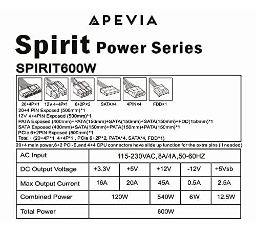 Apevia SPIRIT600W Spirit 600W ATX Power Supply with Auto-Thermally Controlled 120mm Fan, 115/230V Switch, All Protections