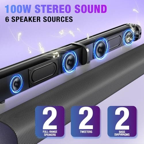 Sound Bar, 100W Sound Bar for Smart TV, Bluetooth 5.3 Soundbar, 2 in 1 Detachable Home Speaker Bass Effect, Home Theater Surround Sound, ARC/Optical/AUX/USB Connections, for TV/PC/Projectors