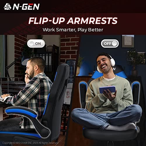 N-GEN Video Gaming Chair Ergonomic Computer Desk Office Chair with Lumbar Support Adjustable Height Swivel Wheels Flip-Up Arms PU Leather Home and Office (Blue)