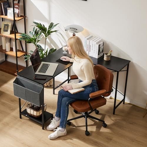 Sweetcrispy L Shaped Desk - Computer Desk Corner Desks Gaming Desk PC Table with CPU Stand Side Bag for Home Office Dorm Sturdy Writing Workstation, Black, 50-Inch