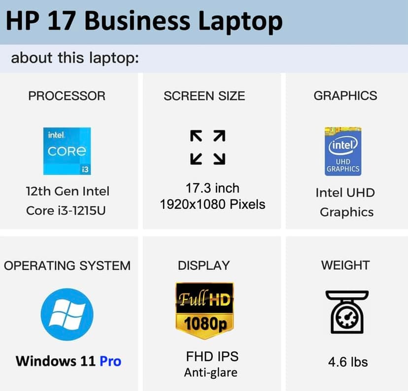 HP 17 Business Laptop 2024 Flagship, 17.3" FHD IPS Display, 6-Core Intel i3-1215U (Upto 4.4 GHz), 16GB RAM, 1TB SSD, UHD Graphics, Wi-Fi, Privacy Camera, Long Battery, Windows 11 Pro +MarxsolAccessory