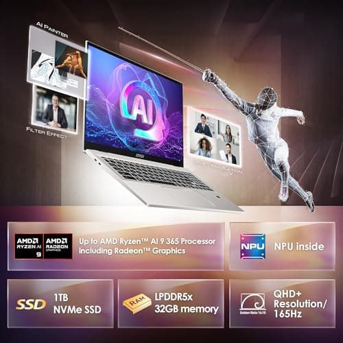 MSI Prestige A16 AI+ (2024) 16” QHD+ Business Laptop: AMD Ryzen AI 9-365, Radeon Graphics, 32GB LPDDR5x, 1TB NVMe SSD, Type-C, WiFi 7, Win 11 Home: Urban Silver A3HMG-016US
