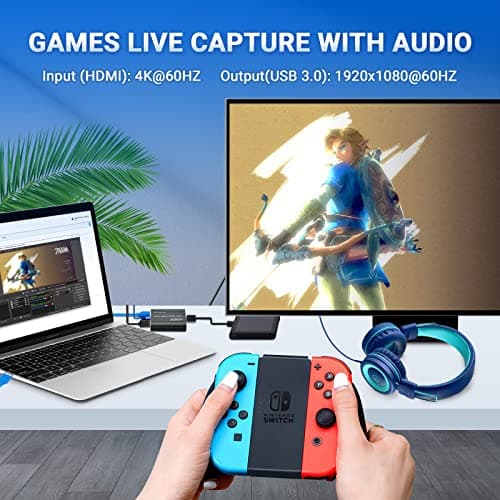 4K Video Capture Card, HDMI to USB 3.0 with Loopout for Nintendo Switch, 1080p 60fps Game Capture Device with Audio Output for Streaming, Xbox/PS4/PS5/PC, VLC/OBS/Amcap