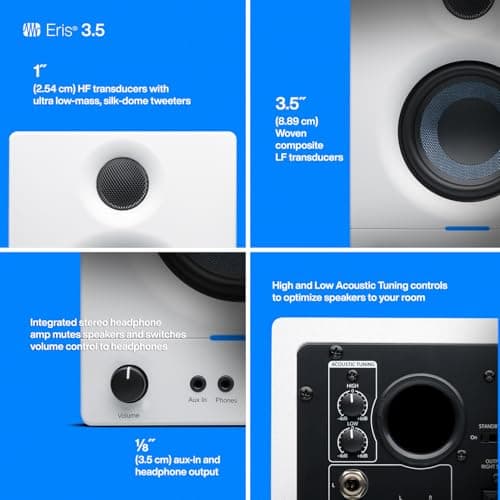 PreSonus Eris 3.5 Studio Monitors (White), Pair — 3.5" Inch Powered Bookshelf Speakers, Stereo, Desktop Computer, Near Field Music Production, Audio Mixing Recording