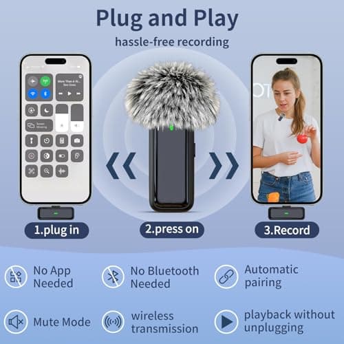 Wireless Microphone for iPhone Android with Charging Case - USB C Lavalier Phone Microphone for Video Recording Noise Cancelling Clip On Mini Mics Intuitive Battery Display