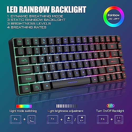 RedThunder K84 Wireless Keyboard and Mouse Combo, Rainbow Backlit Rechargeable Battery, 75% Layout TKL Ultra Compact Gaming Keyboard & Lightweight 3200 DPI Honeycomb Optical Mouse (Black)