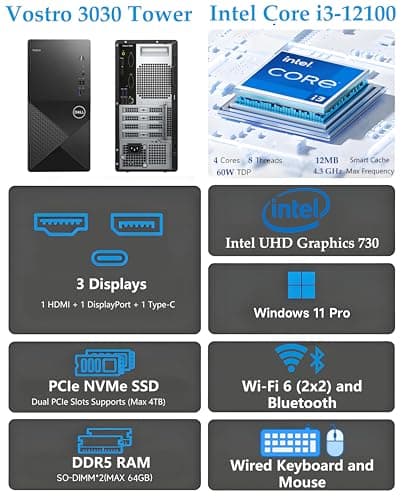 Dell Vostro 3030 3000 Tower Business Desktop Computer, 12th Gen Intel 4-Core i3-12100 (Beat i5-11500T), 16GB DDR5 RAM, 512GB PCIe SSD, WiFi 6, Bluetooth, DisplayPort, HDMI, Type-C, Windows 11 Pro