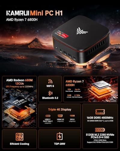 KAMRUI H1 Mini Gaming PC, AMD Ryzen 7 6800H, 16GB DDR5 4800MHz 512GB M.2 NVMe PCIe3.0x4 SSD Mini PC(8C/16T, up to 4.7GHz), 16MB L3 Smart Cache, Triple 4K Display/WiFi6/BT5.2/Mini Desktop Computers