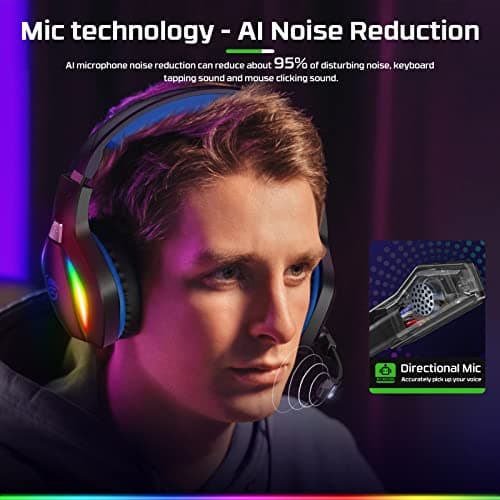 FC100 Gaming Headset with Microphone for PS4, PS5, Switch, Xbox, PC, Mac, Gamer Headset with RGB Light, Computer Headphones with Mic