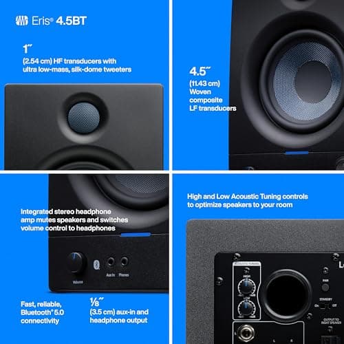 PreSonus Eris 4.5BT Bluetooth Studio Monitors, Pair — 4.5" Inch Powered Bookshelf Speakers, Stereo, Desktop Computer, Near Field Music Production, Audio Mixing Recording