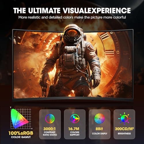 KOORUI 32 inch Curved Gaming Monitor - QHD (2560 x 1440) 2K Display, 170Hz 144Hz Monitor, 1500R Curvature, 1ms, HDR10, Adaptive Sync, Tilt Adjustable, DisplayPort HDMI, Black - 32E6QC