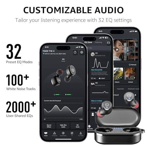 TOZO T10 Wireless Earbuds Bluetooth 5.3 Headphones, App Customize EQ, Ergonomic Design, 55H Playtime, Wireless Charging Case, IPX8 Waterproof Sound in-Ear Headset, 2025 New Version