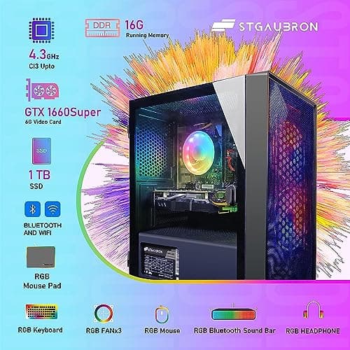 STGAubron Gaming PC, GeForce GTX 1660 Super 6G, Intel Core i3-10100F up to 4.3G, 16G DDR4, 1T SSD, WiFi, BT 5.0, RGB Fan x3, RGB BT Sound Bar, RGB BT Gaming Mic, Windows 11 Home