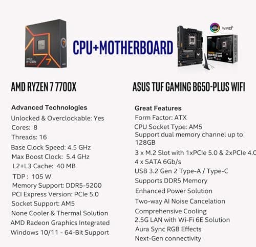 MICRO CENTER AMD Ryzen 7 7700X Desktop CPU Processorwith ASUS TUF Gaming B650-PLUS WiFi DDR5 PCIe 5.0 ATX Gaming Motherboard