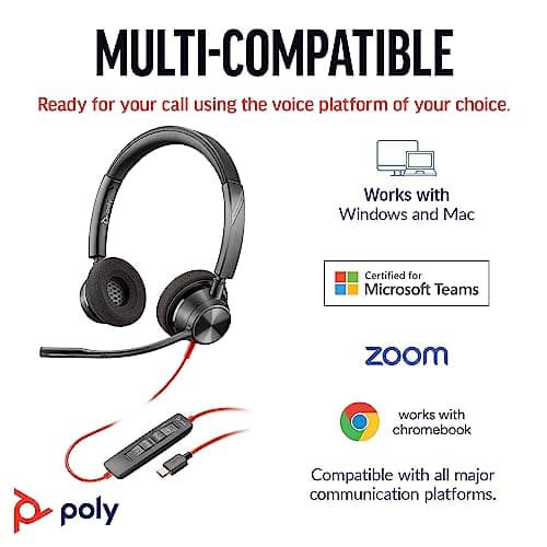 Poly Blackwire 3320 Wired Headset (Plantronics)– Flexible Microphone Boom – Hi-fi Stereo - Connect to PC/Mac via USB-C or USB-A - Certified for Microsoft Teams - Amazon Exclusive