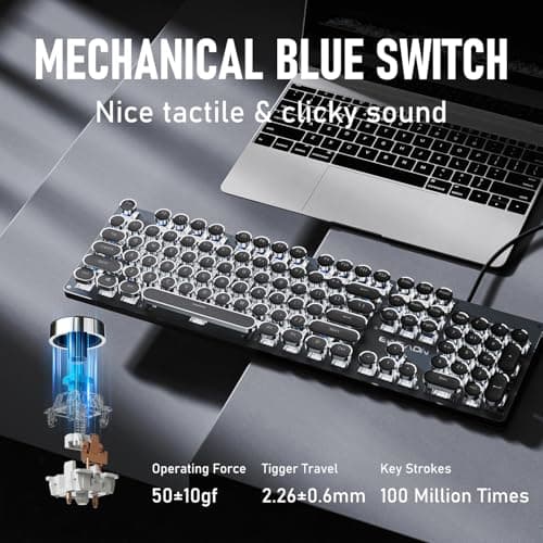 EWEADN TK100 Typewriter Keyboard Wired Mechanical Keyboard, 104 Keys Aesthetic Typewriter Keyboards with White Backlit, Anti-Ghosting, Blue Switch Wired Cute Keyboards-Black