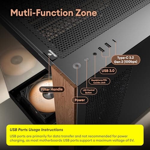 Genuine Walnut Wood PC Case, Pre-Installed 4 x 120mm ARGB & PWM Fans, Type-C Port, Panoramic View Tempered Glass Side Panel, Black, ATX Case, Mid-Tower, Mirage 6